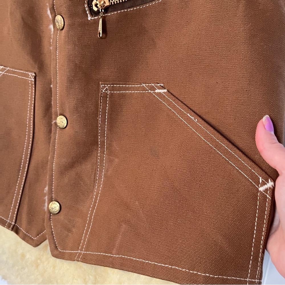 Vintage Carters Fleece Lined Canvas Vest 1970s Work Sherpa Duck USA Brown Tan - Picture 5 of 13
